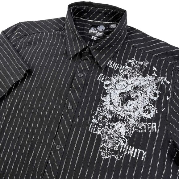 Point Zero Guitar Skull Shirt Mens XXL Short Sleeve Pinstripe Rock Music Band - Picture 1 of 10